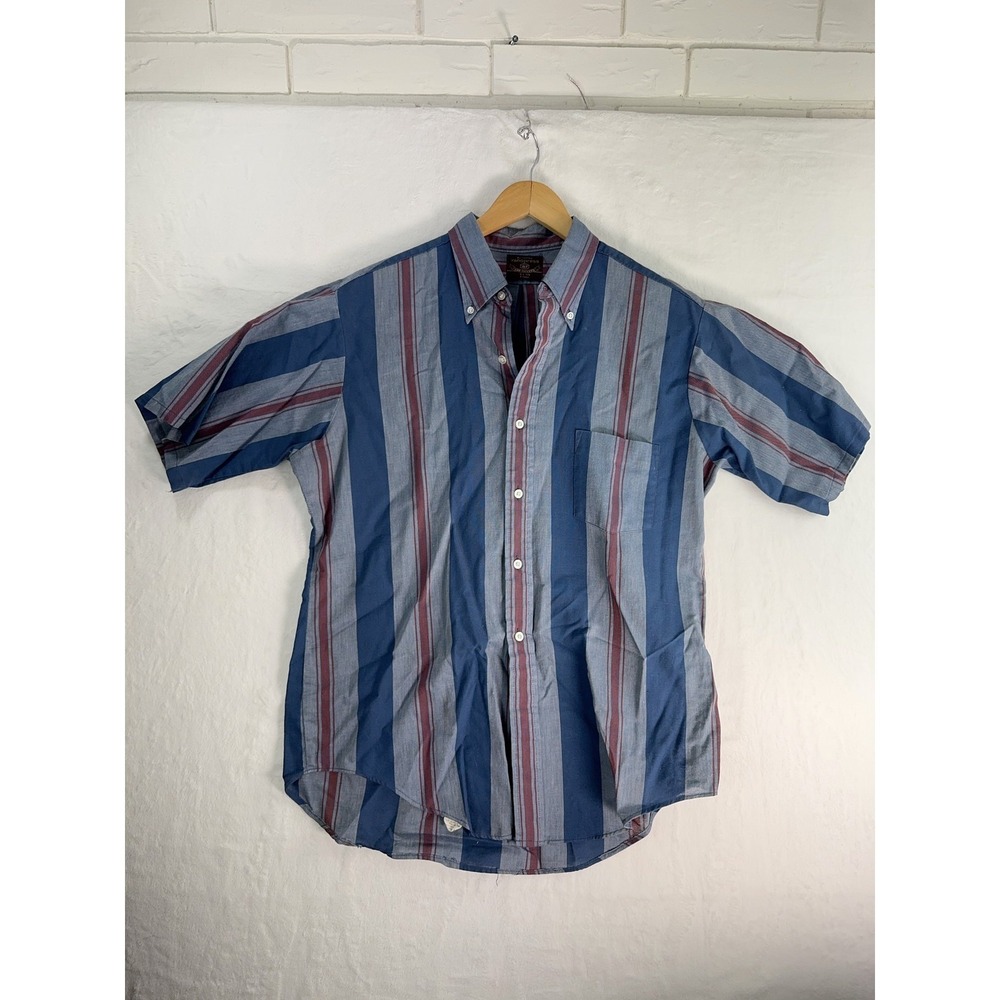 Vintage Van Heusen Shirt Mens Large Blue Red Striped Button Down Cotton 90s